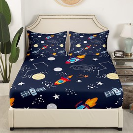 Homemissing Space Rocket Print Fitted Sheet Double Size For Kids Boys Teens Solar System Bedding Set Outer Space Bed Sheet Set Universe Planets Room Decor Bed Sheet with 2 Pillowcase，No Flat Sheet