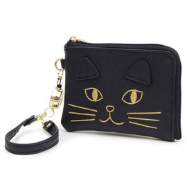 Aness Wallet with Cat Embroidery, Commuter Pass Holder, Coin Pouch, Anti-Loss Reel, Zipper Closure, License, Leather, IC Card, Cat #p415, Black