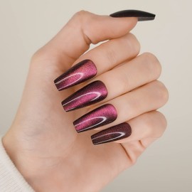 Hypnaughty 24 Pcs Galaxy Cat Eye Effect Magenta Color Changing Glossy And Sparkly Coffin Long Press On Nails With Nail Kit And Glue (Galaxy Cat Eye)