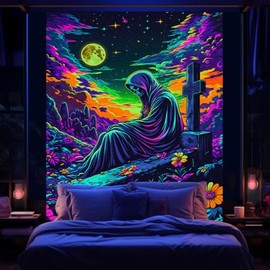 Xiaoput - Tapiz de calavera de luz negra para recámara, reactivo a los rayos UV, tapices para colgar en la pared, tapices góticos para decoración de sala de estar, hogar, recámara, 70 x 90 pulgadas