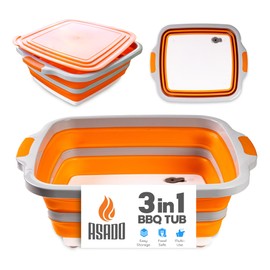 Asado Collabsible XL BBQ Prep Tub w/Cutting Board, Colander & Lid - Great for Tailgating, Barbecue, Meal Prep and Food Storage - Orange