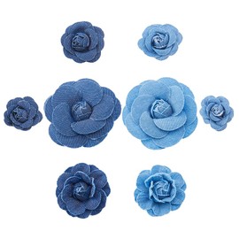 SUPERFINDINGS 8Pcs 8Styles Fabric Flower Blue Denim Cloth Camelia Sewing Flowers Embellishment 3D Flower for DIY Costume Accessories Crafts Supplies Scrapbooking, 35~78x34~75x14~22mm