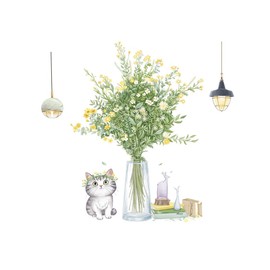 Buer Homie Wall Decals, Cat and Potted Flowers Pattern Stickers for Toilet