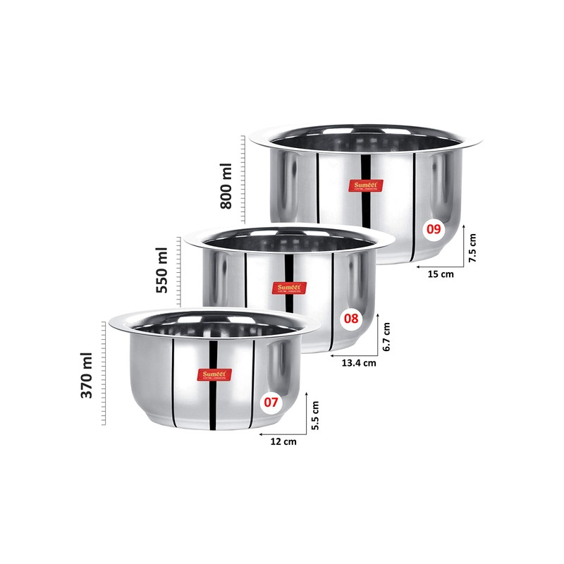 Sumeet Stainless Steel Tope/patila/cookware, 370, 550, 800ml, 3 Piece (Steel)