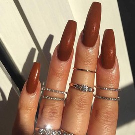 Outyua Solid Extra Long False Nails Coffin Glossy Press on Nails Ballerina Super Long Fake Nails Acrylic Fulll Cover Nails for Women and Girls 24Pcs (Bling Brown)