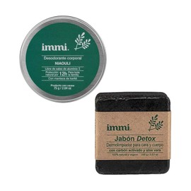 IMMI Desodorante Natural Niaouli (Menta) en Tarro y Jabón Detox de 100g, dermolimpiador para cara y cuerpo con carbón activado y aloe vera.