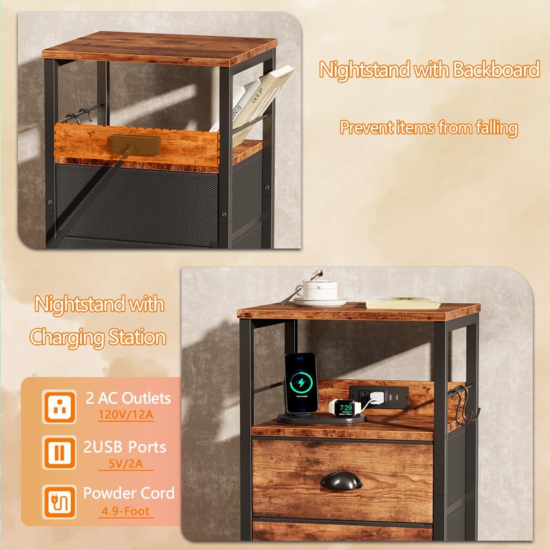 Furologee End Table with Charging Station, Nightstand with Fabric Drawers,