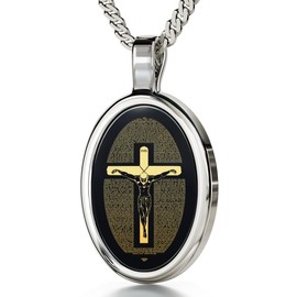 Crucifix Mathew 27 Pendant in 925 Silver - Matthew 27 Bible Chapter 24k Gold Inscribed on Black Onyx - Religious Jewelry