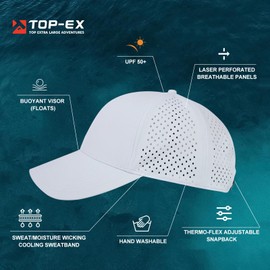 Big Extra Large Heads Men Women Oversize XL/XXL White Snapback Baseball Cap Hydro Performance Cool Hat Water Repellent Boat Golf Running Workout