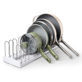 YouCopia StoreMore Expandable Pan and Lid Rack with Steel Wires, 12.5"-22" Wide Adjustable Pan Organizer for Kitchen Cabinet Storage, Premium Edition