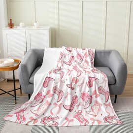 Cowgirl Boots Flannel Fleece Blanket, Western Starry Pink White Stripes Patchwork Soft Blanket for Bed, Sofa, Couch, Twin 60"x80"