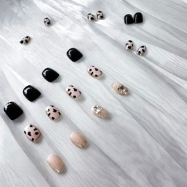 Press on Nails Short Black Square Fake Nails Full Cover False Nails with Rhinestones Design Glitter Acrylic Glue on Nails Nail Supplies for Women Girls 24Pcs