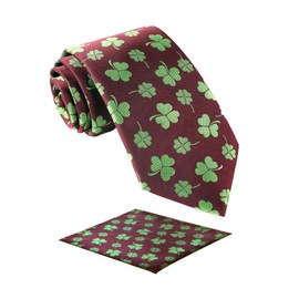 fortunatever Mens Clover Tie With Pocket Square,St. Patrick's Day Necktie