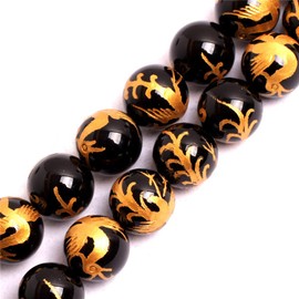 GEM-inside Natural 14mm Black Agate Beads Carved Golden Phoenix Unisex Pattern Buddha Mala Beaded Gemstone Gem Round Loose Beads For Jewellry Making Strand 15 Inches (GM15642) by GEM-inside