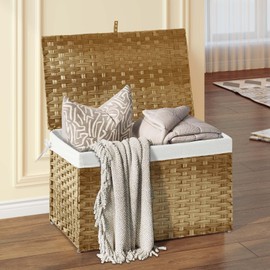 GREENSTELL Storage Basket with Lid, 42.3 Gallon(160L) Lagre Wicker Blanket Storage Basket with Handles, Foldable, 2 Removable Liner Bags, Metal Frame, for Bedroom, Laundry Room, Natural