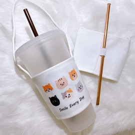 Portable Boba Cup Holder, Bubble Tea Cup Holder with Straw Holder (White W/Cats)
