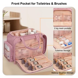 WGEAR Travel Toiletry Bag for Women, Lightweight Wide-open Cosmetic Travel Bags for Toiletries with 2 Removable Dividers, Large Makeup Organizer with Brushes Board, Multi Pockets for Gym, Daily, Pink