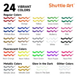 Shuttle Art Fabric Paint, 24 Colors 3D Permanent Paint with Brushes Palette Pen Fabric Sheet Stencils, Glow in The Dark, Glitter, Metallic Colors for Textile Fabric T-shirt Jeans Glass