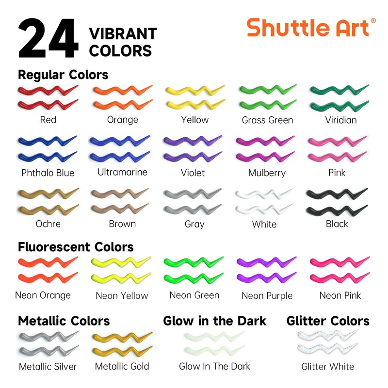 Shuttle Art Fabric Paint, 24 Colors 3D Permanent Paint with