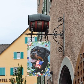 Patriotic Black Rottweiler Dog Retriever Usa Beautiful Geraniums Flowers Garden Flag 12x18 Inch Double Sided Vertical Decoration Yard Small Flag For Outside Holiday Seasonal Outdoor