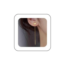Aneneiceera Boho Heart Threader Chain Earrings Bar Chain Drop Earrings Gold Long Chain Earrings Love Heart Pull Through Earrings Jewelry for Women (Gold)