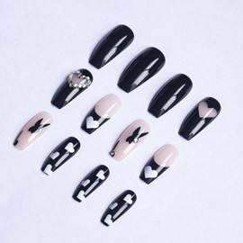 Long Press on Nails Square Coffin Fake Nails with Love Diamond Glitter Design - Black French Tip Press on Nails Long Heart False Nails Artificial Nails for Women Girls Nail Art Decorations Kit 24pcs