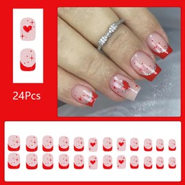 24 Pcs Valentine’s Day Press on Nails Short Fake Nails Square Red French Tip False Nails with Glitter Design Heart Nails Press ons Glossy Reusable Stick on Nails Gel Glue on Nails for Women Girls