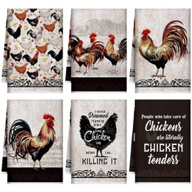 FuWeave 6 Pcs Farmhouse Kitchen Towels Chicken Rooster Dish Towels Farm Animal Hand Washcloths Vintage Rustic Tea Cloth Decor for Kitchen Bathroom Home Cooking Baking Gifts(Black,Rooster)