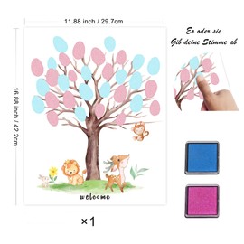 JIANGWON Gender Reveal Party Deko – Fingerabdruck Baum, Geschlechtsverkündung Baby, 1 Poster (30 x 42 cm), Pink & Blau Stempelkissen, Klebepunkte – Babyparty & Gender Reveal Geschenk (Aufkleber)
