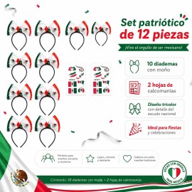 10pc Diademas con Lazo Bandera México Fútbol Mundial 2026 México + 2 Hojas Tatuajes Temporales, Ideal para Fiestas, Partidos y Celebraciones