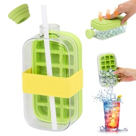 Ice Cube Bottle Cool Summer ice Bottle Cup，800ml 2-in-1 zero Touch Press ice cube mold Easy Press to Release Vertical Ice Tray for Freezer ﻿ (Green)