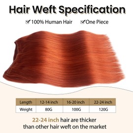 Weft Hair Extensions Human Hair, 18 Inch 100G Ginger Sew in Hair Extensions Real Human Hair Invisible Human Hair Sew in Extensions Seamless Human Hair Extensions Weft Sew in Hair Bundles Human Hair