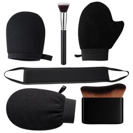6 Pcs Tanning Mitt, Fake Tan Mitt Set, Includes Contour Brush, Makeup Brush, Exfoliating Glove, Black Rubber Gloves, Finger Cots, Microfiber Back Lotion Applicator