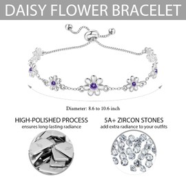 Sliver Bracelets for Women, Dainty Flower Bracelet Adjustable Cute Daisy Charm Adjustable Sparkly Rhinestone Chain Bracelet Trendy Jewelry Gifts for Birthday Anniversary Christmas, Purple Stone