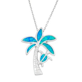 Sterling Silver Created Blue Opal Palm Tree & Turtle Pendant with 18" Chain