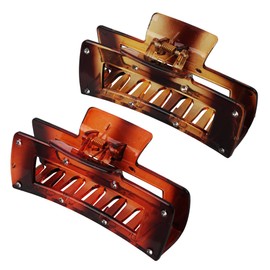 Set of 2 Jaw Clip Hair Claws, Rectangular with Diamonds Large Hair Clip (Red Brown)