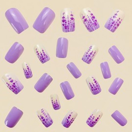 Flower Press on Nails Medium Square Spring Summer Nails Press Floral Fake Nails Purple Design Glue on Nails Glossy Floral False Nails Full Cover Acrylic Stick Nails for Women Girls 24PCS