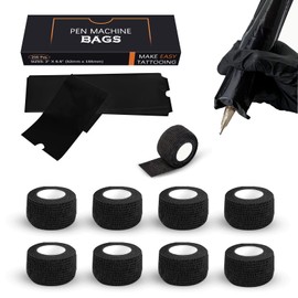 EZ Tattoo Machine Covers with Grip Tapes - 9PCS (1inch x 5 Yard) Black Tattoo Grip Wrap with 200pcs (2.0 inch X 6.6 inch) Black Tattoo Pen Machine Covers Tattoo Supplies