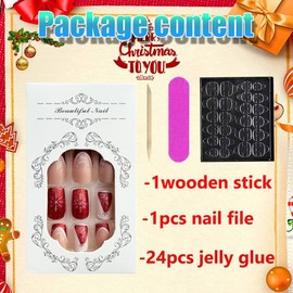 24Pcs Christmas Press on Nails Short Square Red French Tips Glitter Fake Nails Christmas Tree Snowflake Artificial False Nails with Glues Coffin Full Cover Stick on Nails for Women Christmas DIY Nails