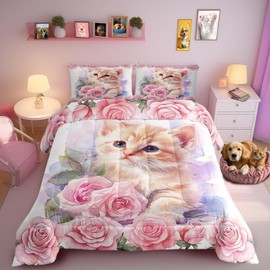 Manfei Kawaii Cat Twin Size Comforter Set for All Seasons,Kids Cute Animal Kitten Pet Bedding Set Teens Bedroom Decor,Floral Pink Rose Blossoms Comforter Inner Fill with 1 Pillowcase