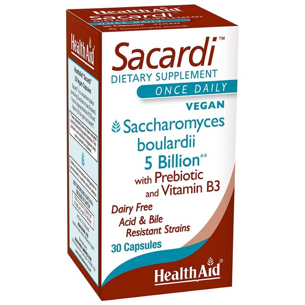 Sacardi, 5 Billion with Vitamin B3, Once Daily, 30ct, Saccharomyces Boulardii, 5 Billion with FOS & Vitamin B3, Dairy Free, Acid & Bile Resistant Strains, Vegan