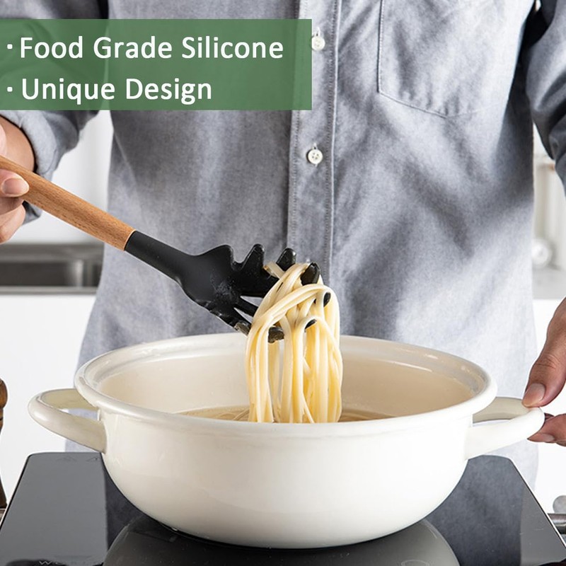 Silicone Pasta Fork and Silicone Cooking Spoon Set, Large Non