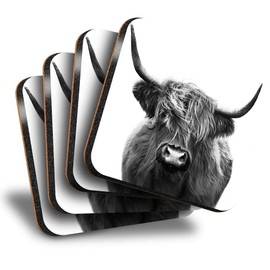 Destination Vinyl ltd Great Coasters (Set of 4) Square - BW - Pop Art Highland Cow Animal Drink Glossy Coasters/Tabletop Protection for Any Table Type #43024