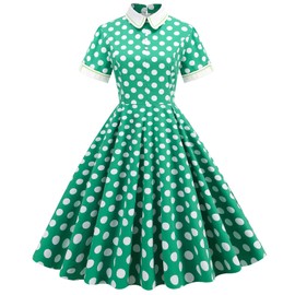 IWEMEK Women's Green-polka Polka Dots Peter Pan Collar Dress, Size S, High Waist, Midi Length, All Seasons, Adult, Swing Silhouette, Casual Party, Cotton Lace, Short Sleeve, Machine Wash
