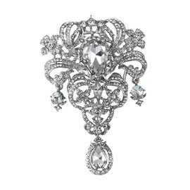 Gyn&Joy Womens 5 Inch Clear Crystal Rhinestones Large Flower Bouquet Tear Drop Pendant Brooch Pin, Metal, rhinestone