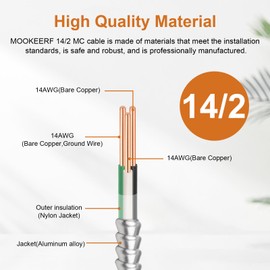 MOOKEERF 14/2 MC Cable with Ground - 25FT Pure Copper 14AWG/2 Metal Clad Wire with Aluminum Armor 14 Gauge 2 Conductor Type MC Alum Cable