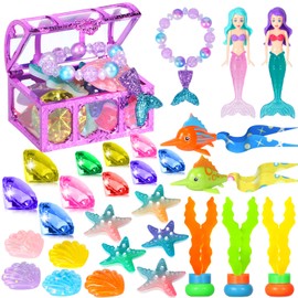 VGOFUN Diving Pool Toys for Kids Ages 3-12, 31 Pcs Mermaid Pool Toys, Diving Gem Toys with Pirate Treasure Chest, Summer Underwater Game Toys Swimming Training Gift for Boys Girls with Storage Bag