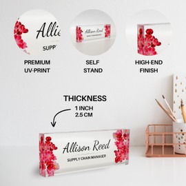 Customized Clear Acrylic Thick 8x3" Desk Name Plate Block - Professional Office Decor - Customized Acrylic Plate Gift for Teacher Co-workers (Blush Flowers)