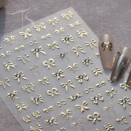 Gold Bow Nail Stickers 5D Embossed Valentine's Day Bow Nail Art Stickers Bow Nail Decals with Rhinestone Design Bow Nail Art Supplies for Women for DIY Manicure Decoration