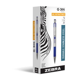Zebra Pen G-301 Retractable Gel Pen, 0.7mm Medium Point, Stainless Steel Barrel, Textured Grip, Easy Glide Ink Provides a Smooth and Skipless Writing Experience, Blue Ink, 12-Pack (41320)